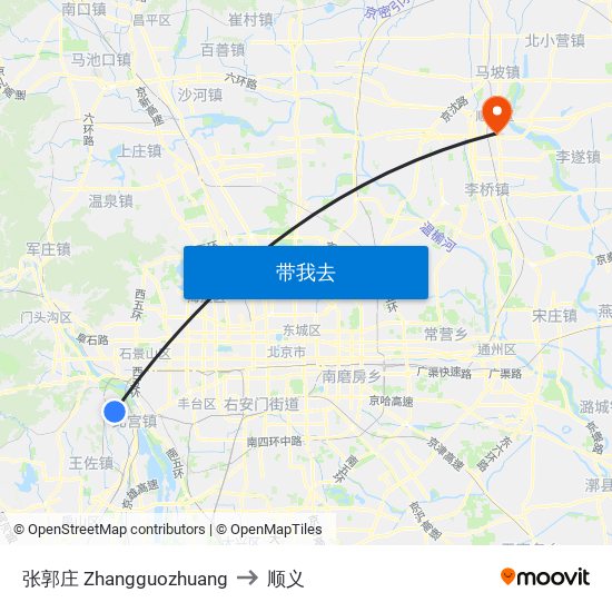 张郭庄 Zhangguozhuang to 顺义 map