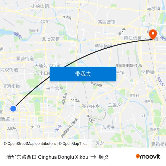 清华东路西口 Qinghua Donglu Xikou to 顺义 map