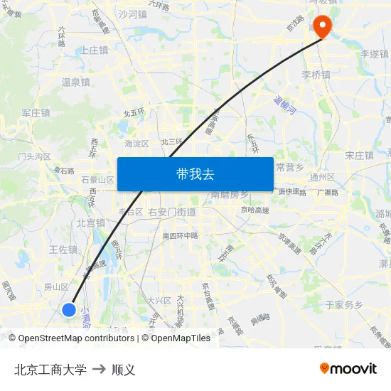 北京工商大学 to 顺义 map