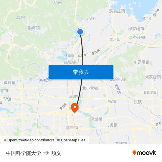 中国科学院大学 to 顺义 map