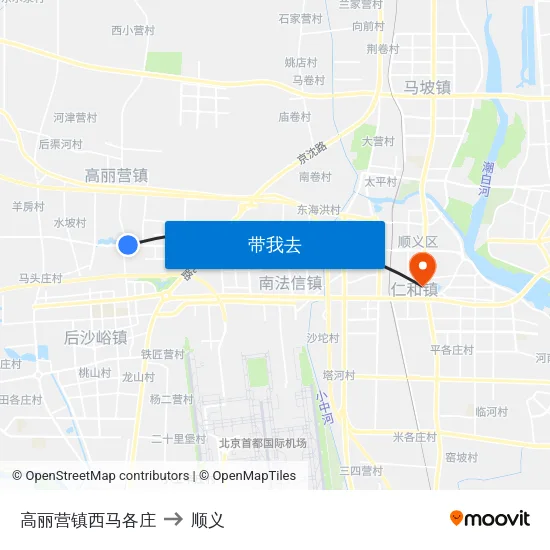 高丽营镇西马各庄 to 顺义 map
