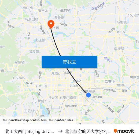 北工大西门 Beijing Univ. Of Tech. West Gate to 北京航空航天大学沙河校区 BUAA Shahe map