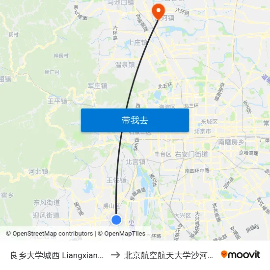 良乡大学城西 Liangxiang Univ. Town West to 北京航空航天大学沙河校区 BUAA Shahe map