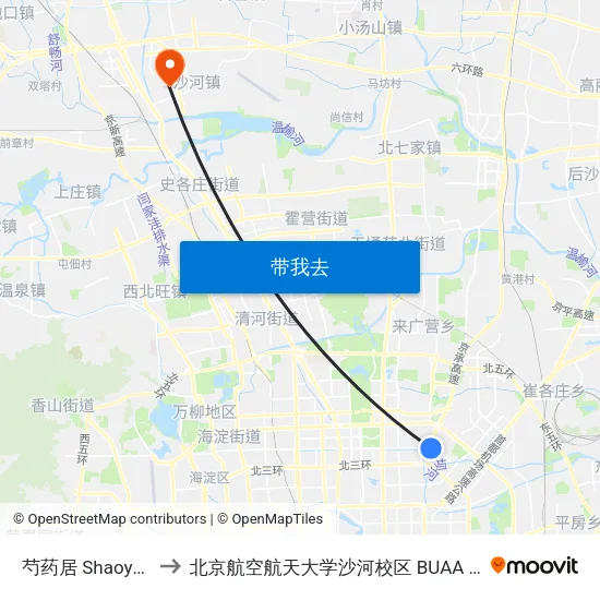 芍药居 Shaoyaoju to 北京航空航天大学沙河校区 BUAA Shahe map