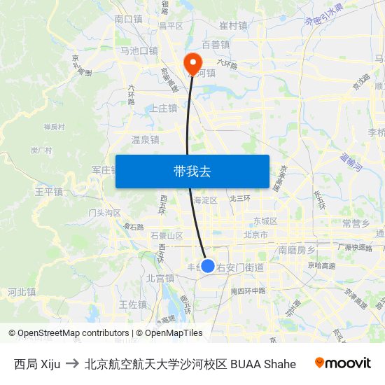 西局 Xiju to 北京航空航天大学沙河校区 BUAA Shahe map