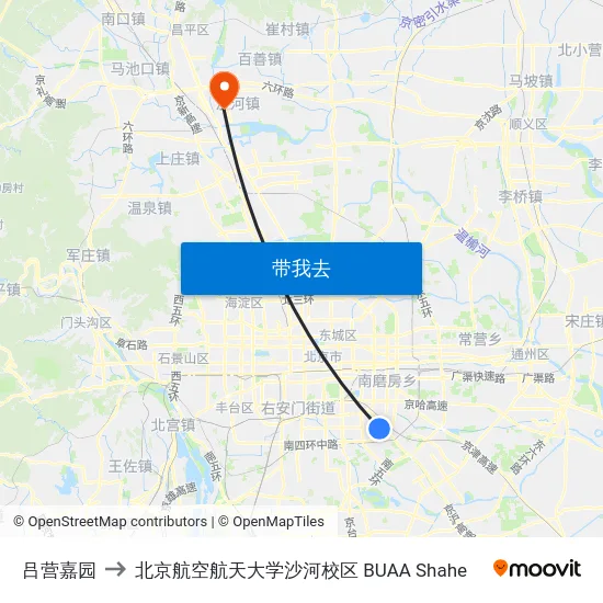 吕营嘉园 to 北京航空航天大学沙河校区 BUAA Shahe map