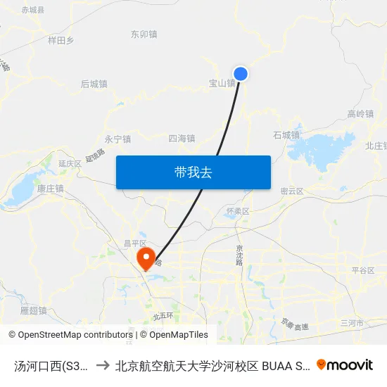 汤河口西(S309) to 北京航空航天大学沙河校区 BUAA Shahe map