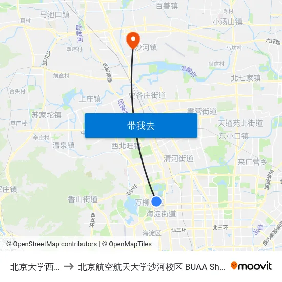 北京大学西门 to 北京航空航天大学沙河校区 BUAA Shahe map