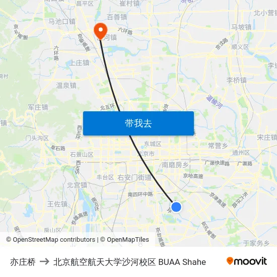 亦庄桥 to 北京航空航天大学沙河校区 BUAA Shahe map