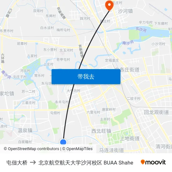 屯佃大桥 to 北京航空航天大学沙河校区 BUAA Shahe map