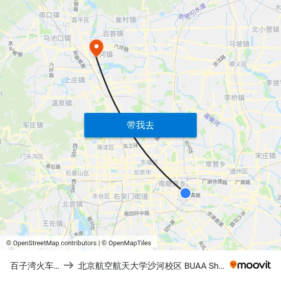 百子湾火车站 to 北京航空航天大学沙河校区 BUAA Shahe map