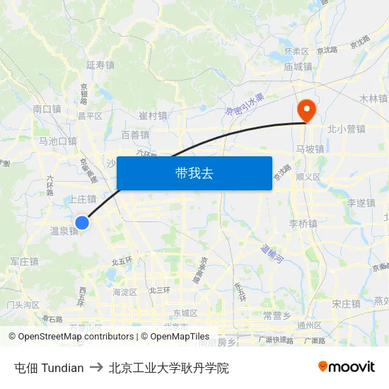 屯佃 Tundian to 北京工业大学耿丹学院 map