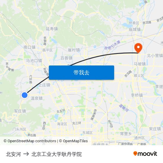 北安河 to 北京工业大学耿丹学院 map