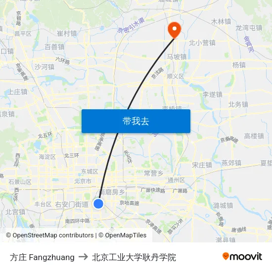 方庄 Fangzhuang to 北京工业大学耿丹学院 map