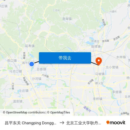 昌平东关 Changping Dongguan to 北京工业大学耿丹学院 map