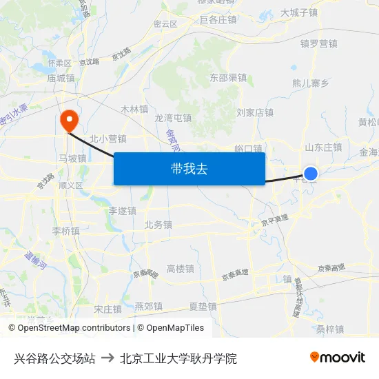 兴谷路公交场站 to 北京工业大学耿丹学院 map
