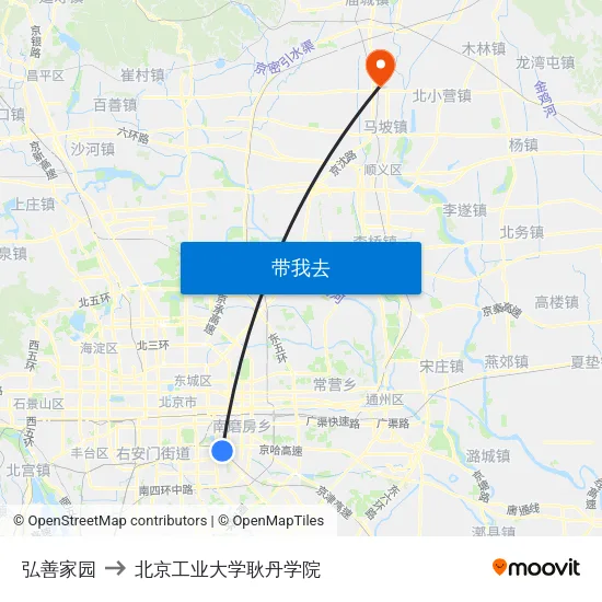 弘善家园 to 北京工业大学耿丹学院 map