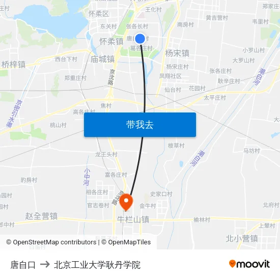 唐自口 to 北京工业大学耿丹学院 map