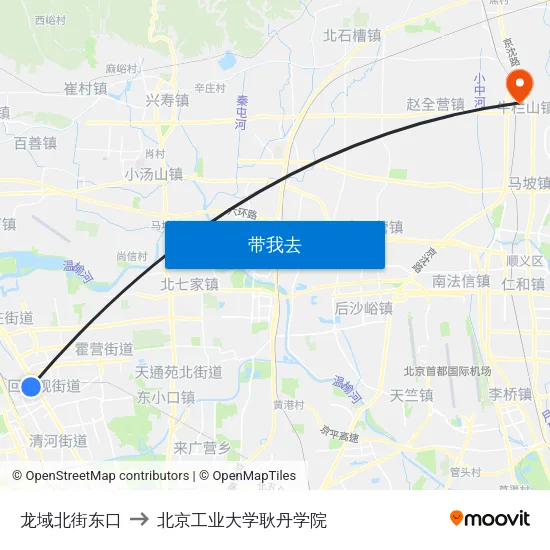 龙域北街东口 to 北京工业大学耿丹学院 map