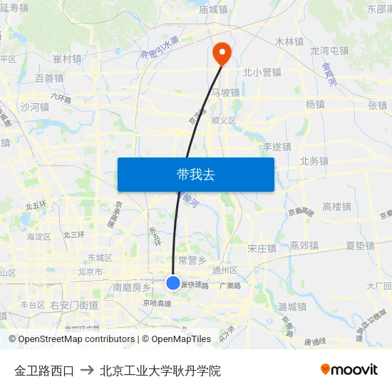 金卫路西口 to 北京工业大学耿丹学院 map