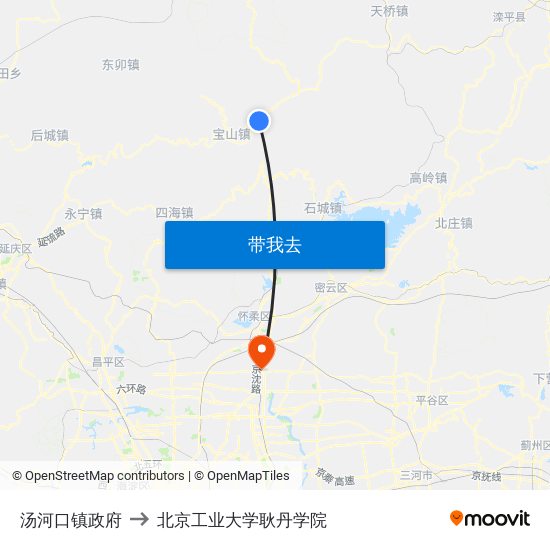 汤河口镇政府 to 北京工业大学耿丹学院 map