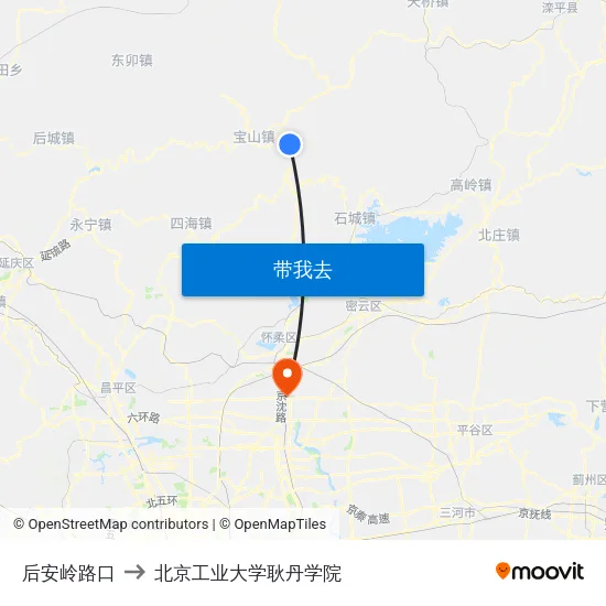 后安岭路口 to 北京工业大学耿丹学院 map
