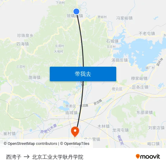 西湾子 to 北京工业大学耿丹学院 map