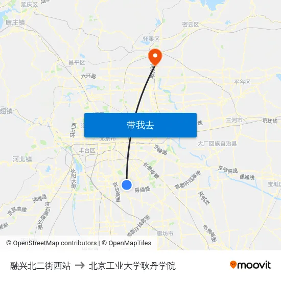 融兴北二街西站 to 北京工业大学耿丹学院 map