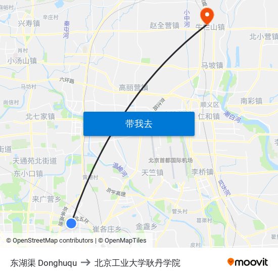 东湖渠  Donghuqu to 北京工业大学耿丹学院 map