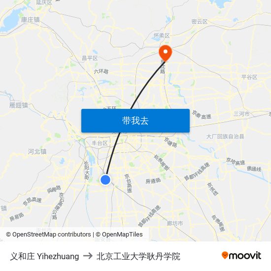 义和庄 Yihezhuang to 北京工业大学耿丹学院 map