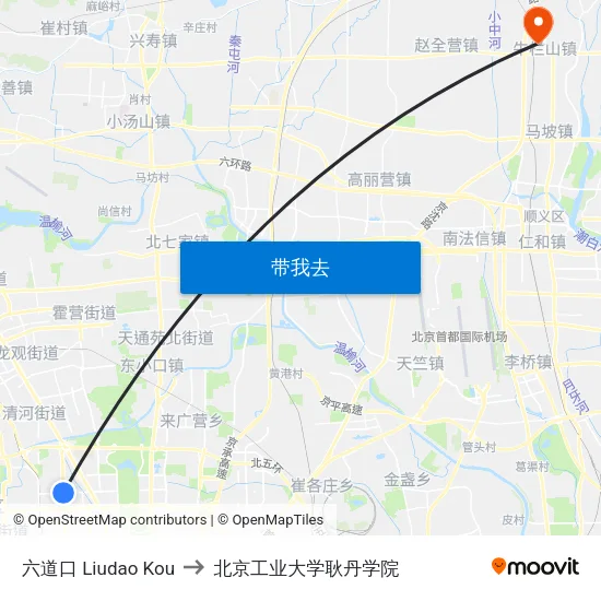 六道口 Liudao Kou to 北京工业大学耿丹学院 map