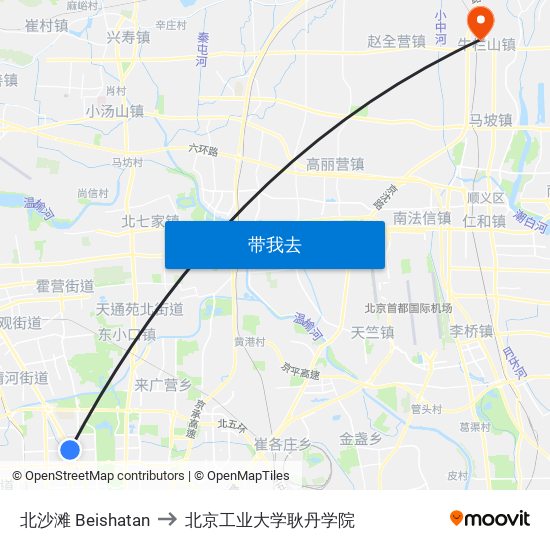 北沙滩 Beishatan to 北京工业大学耿丹学院 map