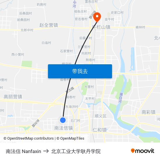 南法信 Nanfaxin to 北京工业大学耿丹学院 map