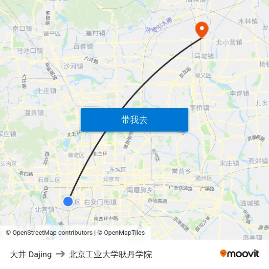 大井 Dajing to 北京工业大学耿丹学院 map