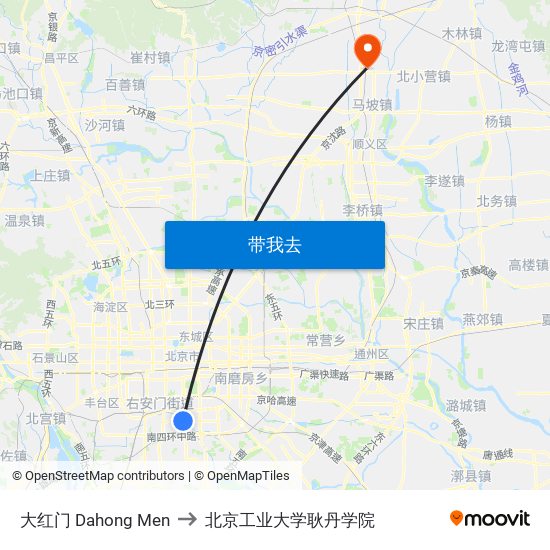 大红门 Dahong Men to 北京工业大学耿丹学院 map