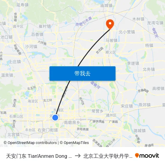 天安门东 Tian'Anmen Dong (E) to 北京工业大学耿丹学院 map
