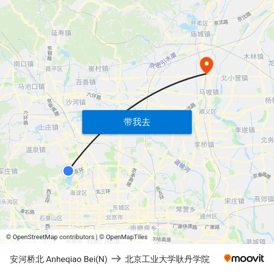 安河桥北 Anheqiao Bei(N) to 北京工业大学耿丹学院 map
