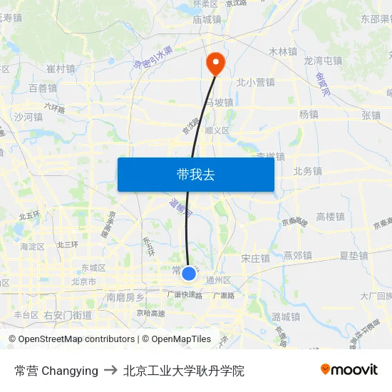 常营 Changying to 北京工业大学耿丹学院 map