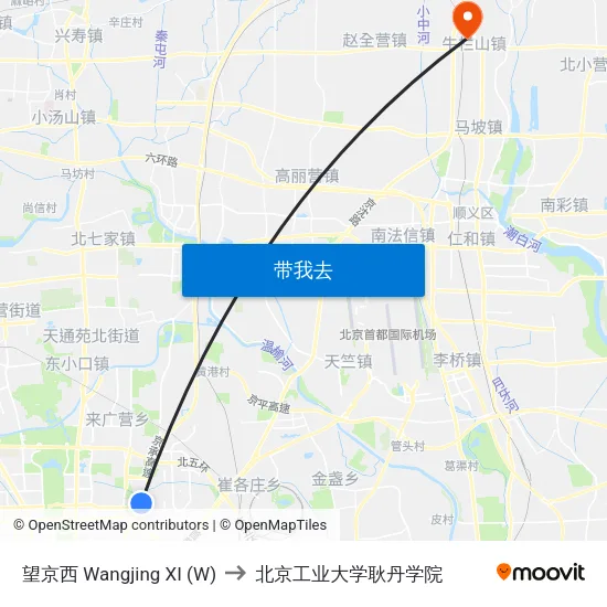 望京西 Wangjing XI (W) to 北京工业大学耿丹学院 map