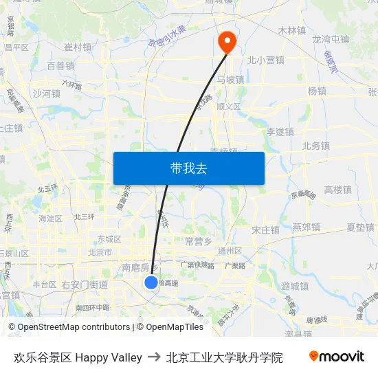 欢乐谷景区 Happy Valley to 北京工业大学耿丹学院 map