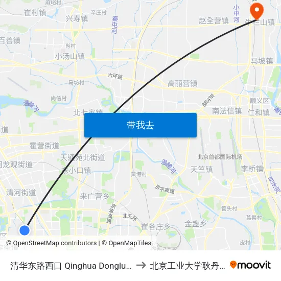 清华东路西口 Qinghua Donglu Xikou to 北京工业大学耿丹学院 map