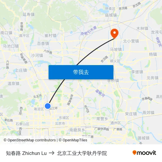 知春路 Zhichun Lu to 北京工业大学耿丹学院 map