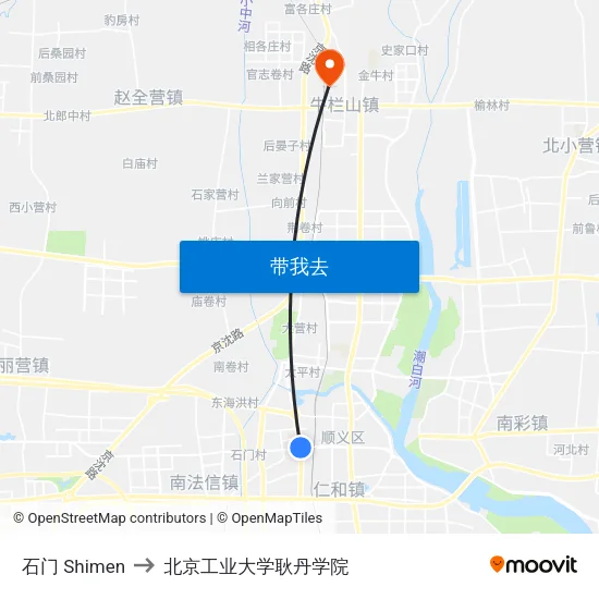 石门 Shimen to 北京工业大学耿丹学院 map