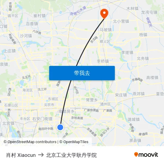 肖村 Xiaocun to 北京工业大学耿丹学院 map