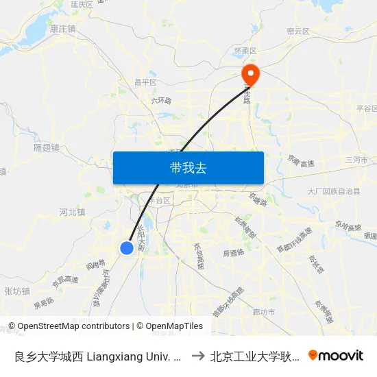 良乡大学城西 Liangxiang Univ. Town West to 北京工业大学耿丹学院 map