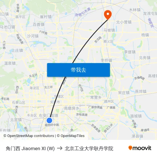 角门西 Jiaomen XI (W) to 北京工业大学耿丹学院 map