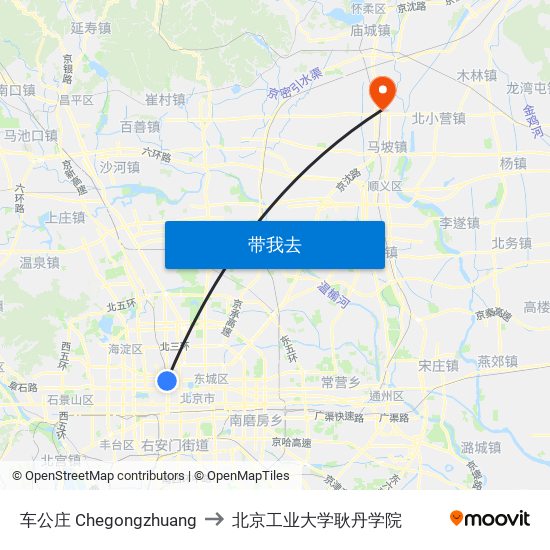 车公庄 Chegongzhuang to 北京工业大学耿丹学院 map