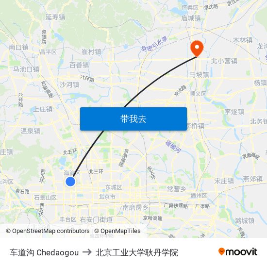 车道沟 Chedaogou to 北京工业大学耿丹学院 map
