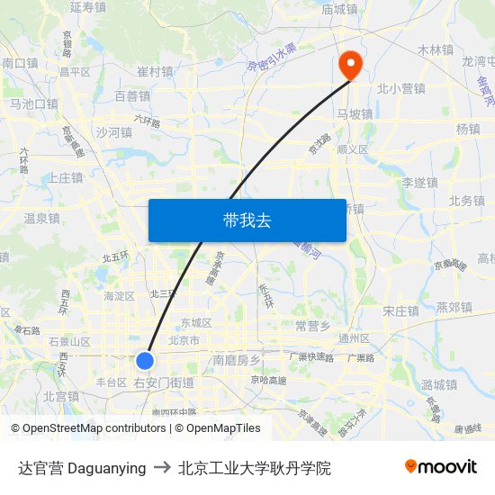 达官营 Daguanying to 北京工业大学耿丹学院 map