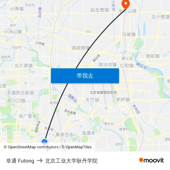 阜通 Futong to 北京工业大学耿丹学院 map